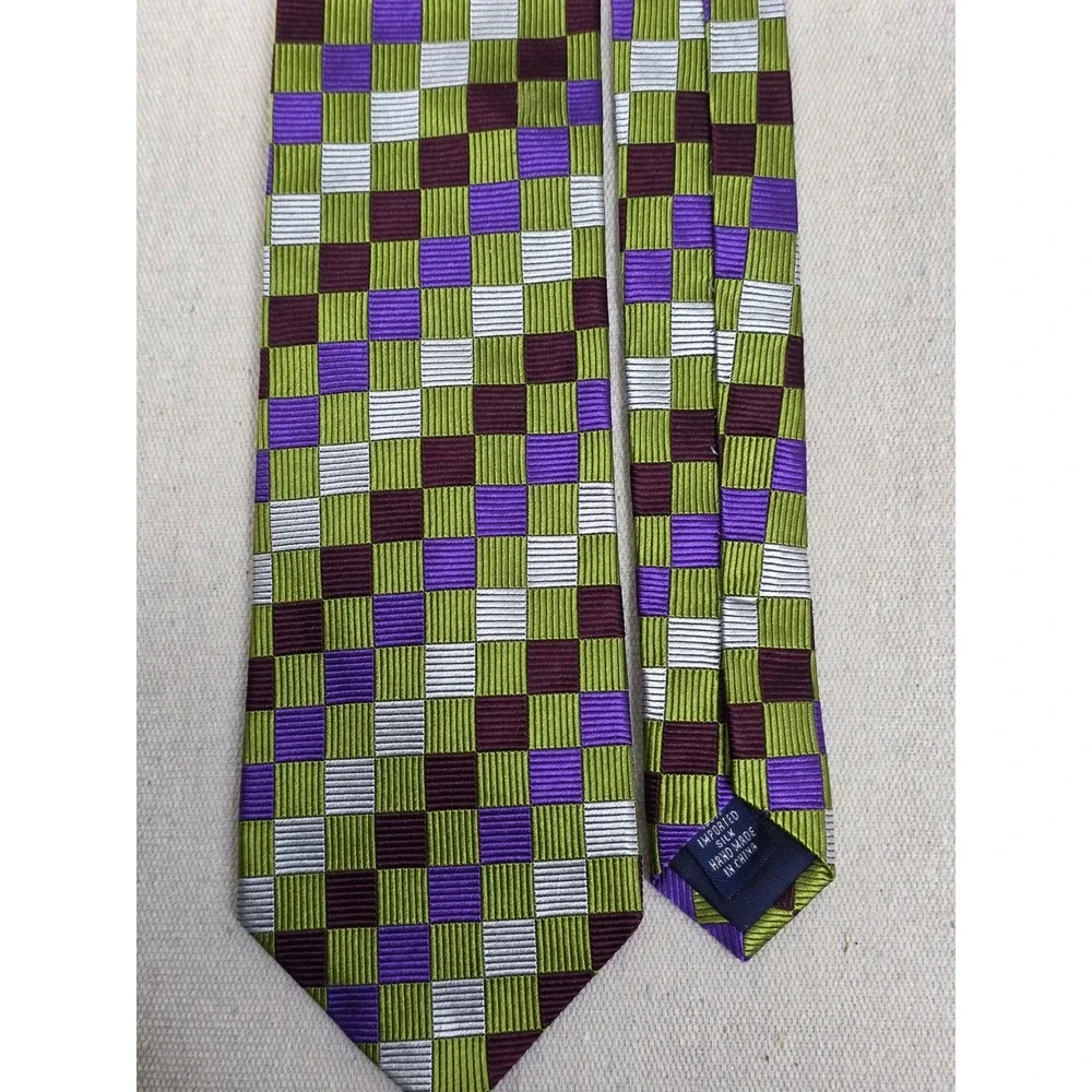 Paul‎ Fredrick Mens Silk Tie Green Purple Burgundy Checkered Geometric Handmade